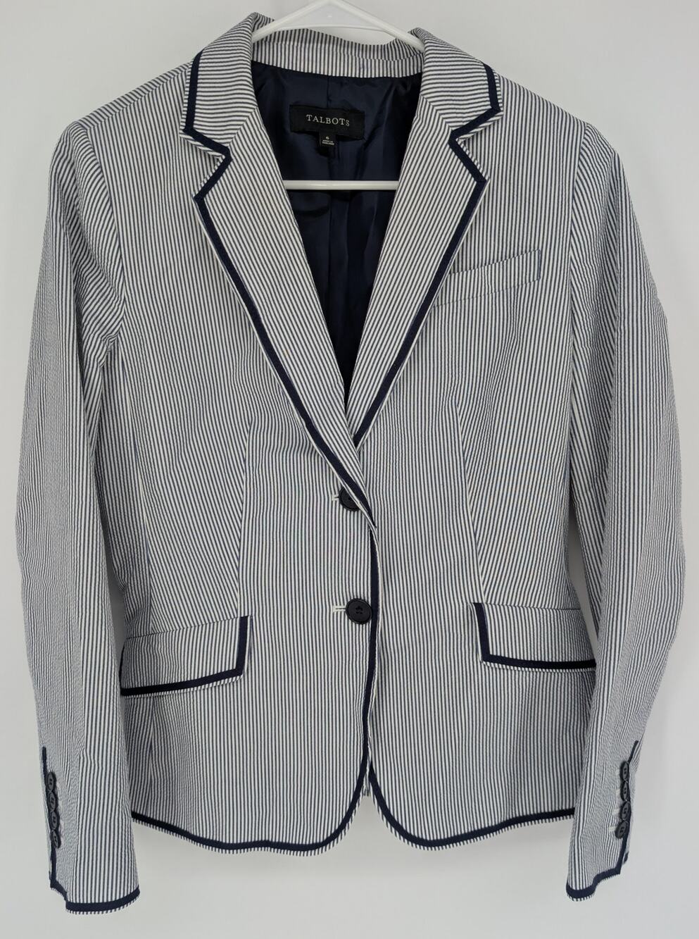 Talbots Seersucker Blazer Women 6 Coastal Cotton Preppy Nautical Jacket